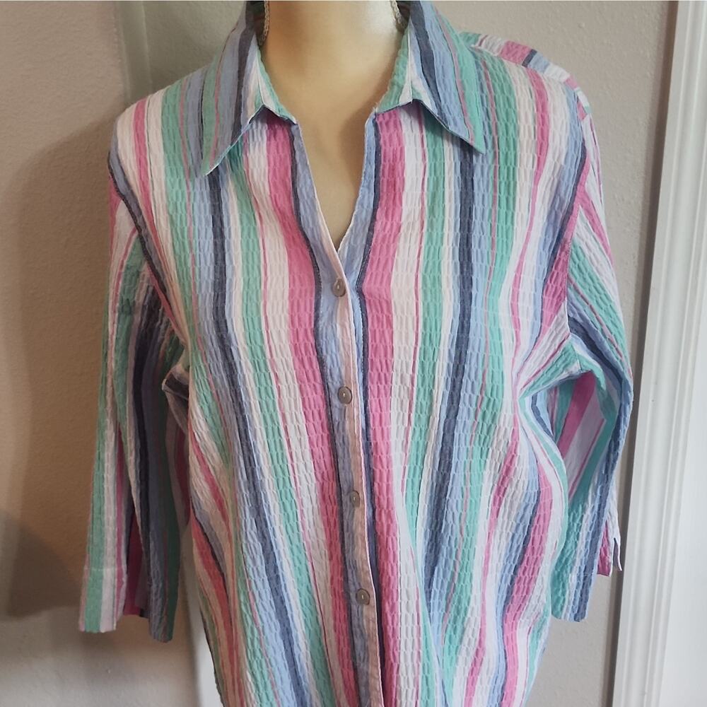 alfred dunner Striped Button Front Collared Woven Shirt 3/4 Sleeve XL